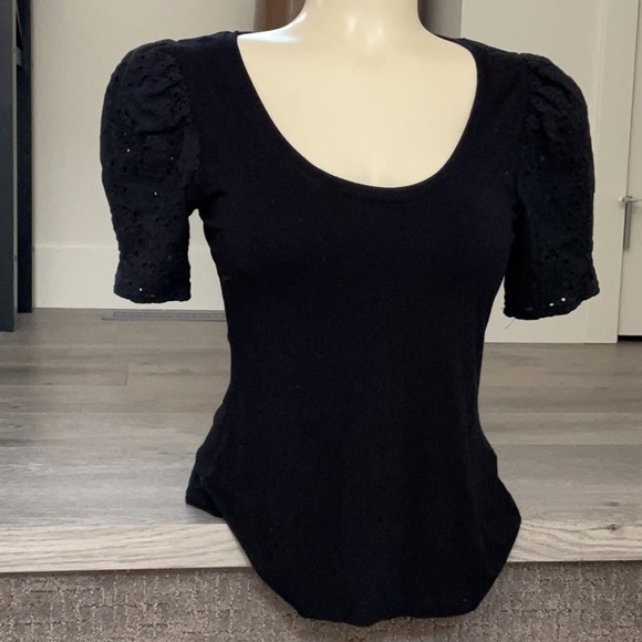 INC Black  Scoop-neck T-shirt with eyelet sleeves. - Picture 1 of 7